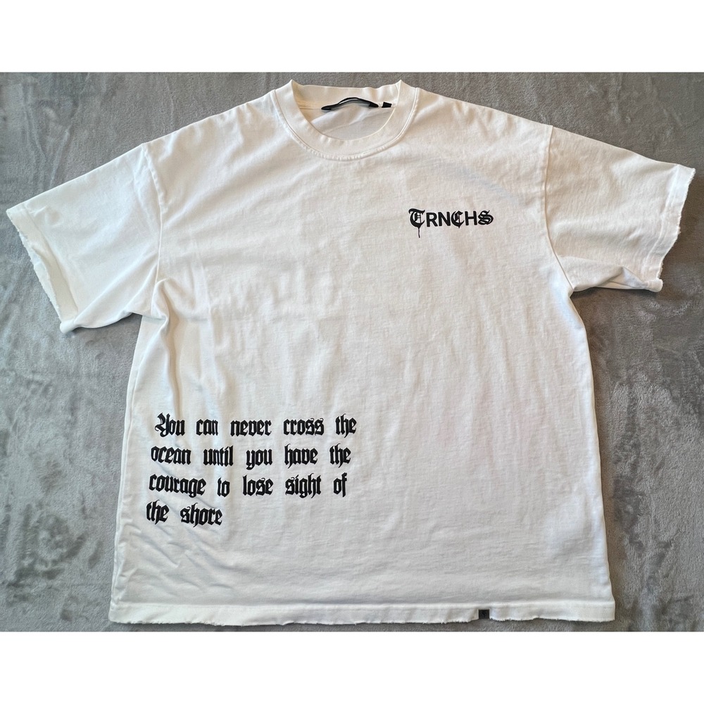 TRNCHS Graphic T-Shirt Mens XL White Quote Distressed Hem Streetwear